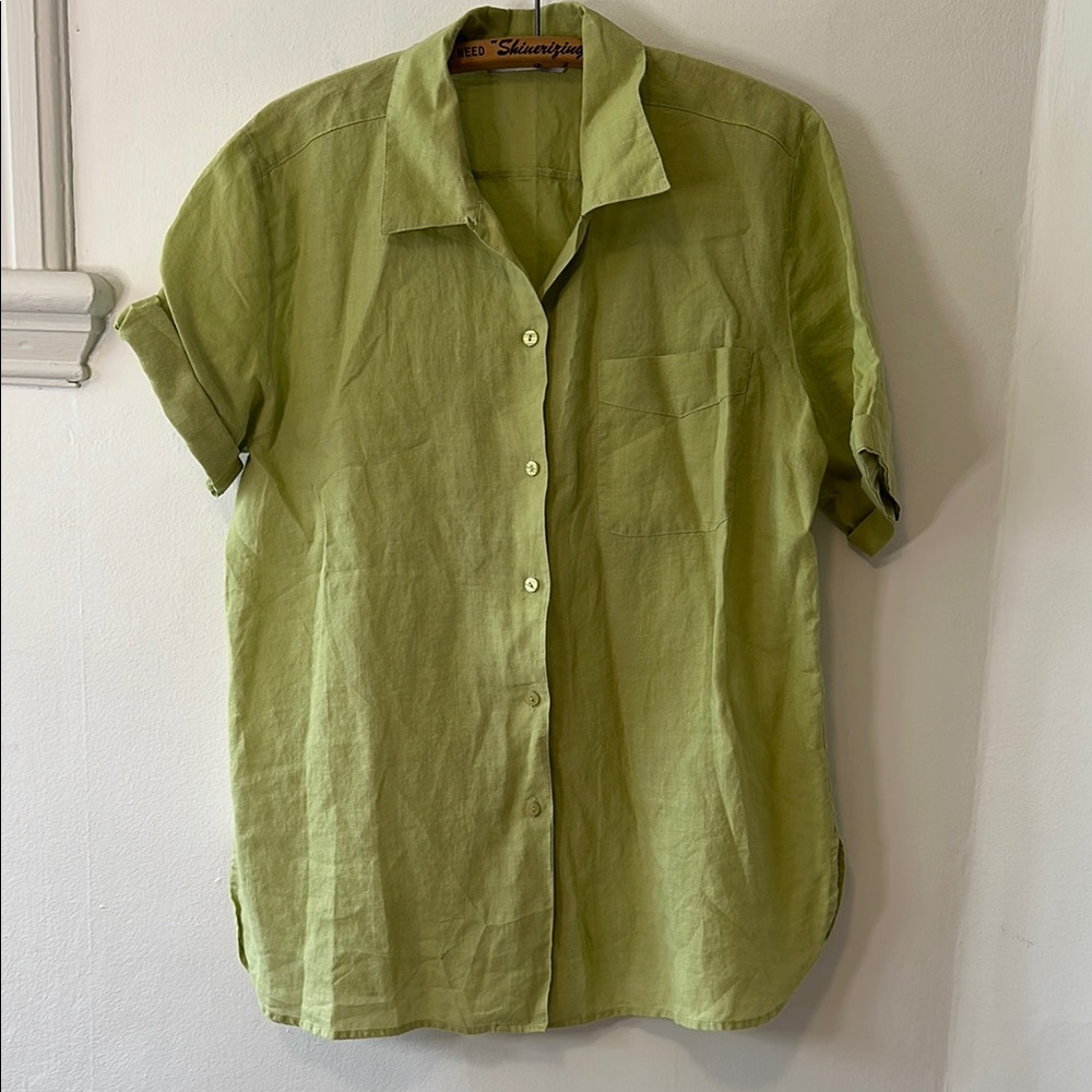VINTAGE Linen Lime Green Short Sleeve Shirt